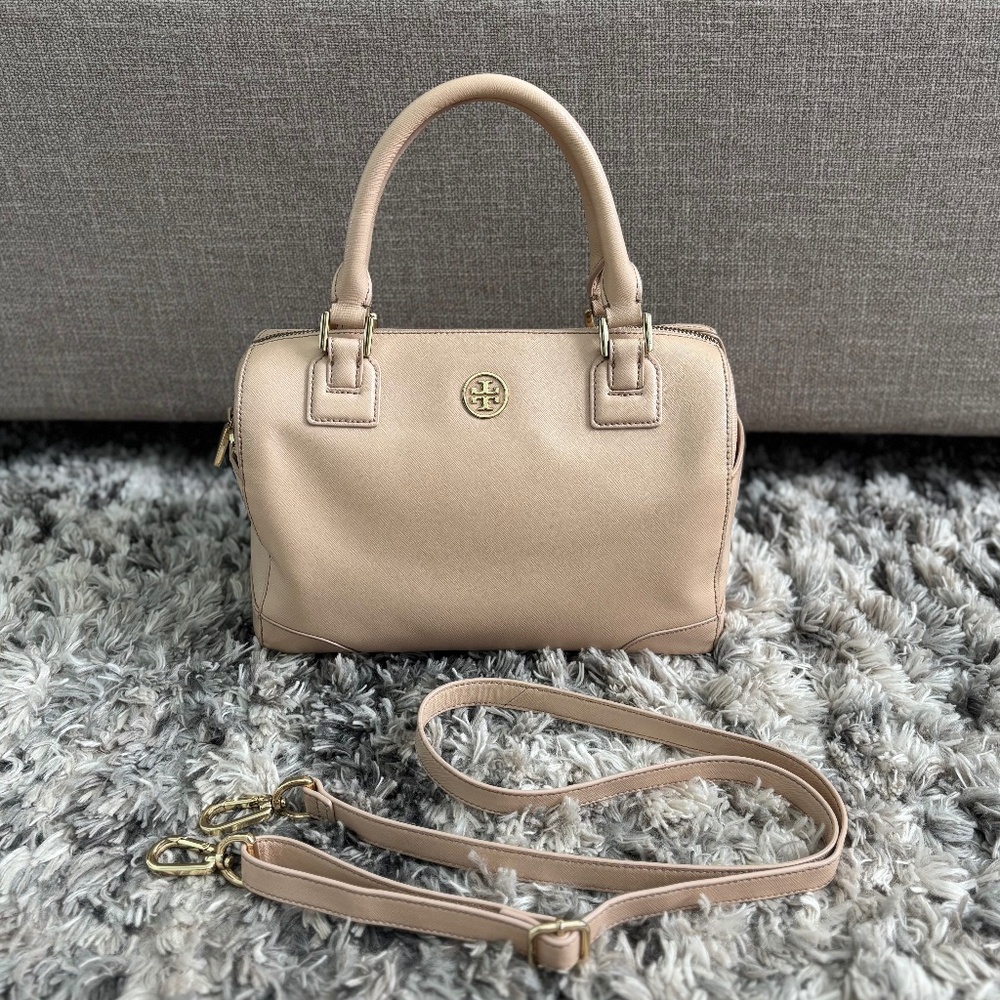 Tory Burch Robinson Middy Satchel – Dark Sahara Saffiano Leather Bag
